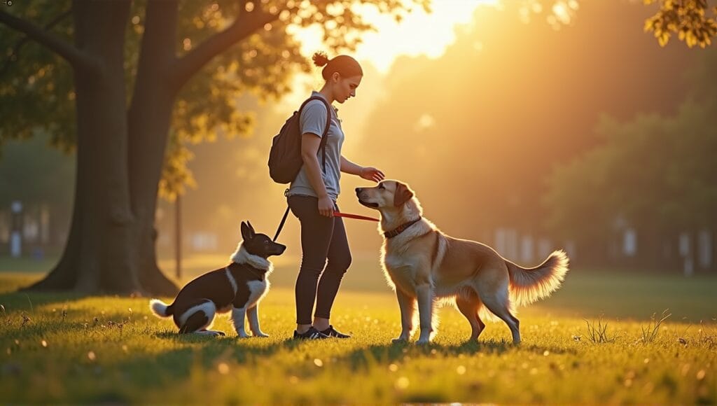 Dog trainer guiding a service dog and companion dog in a serene outdoor setting.