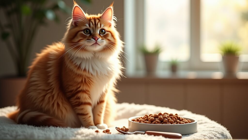 Elegant Japanese cat breed sitting on a cushion with grooming tools and premium food.