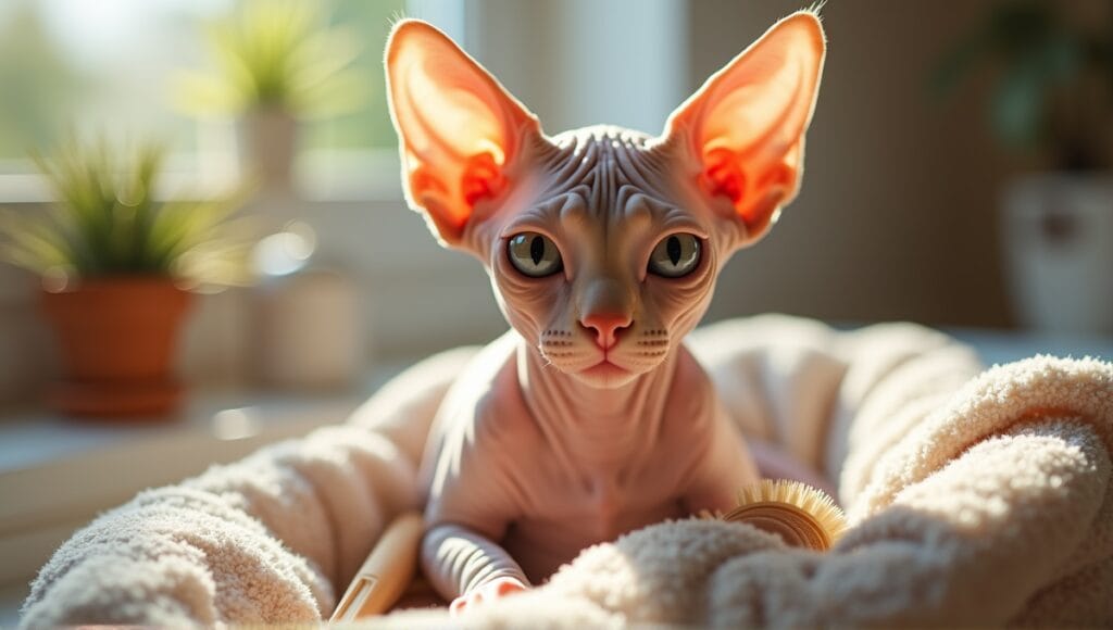 Sphynx cat nestled in a cozy setting, surrounded by grooming tools and soft towel.