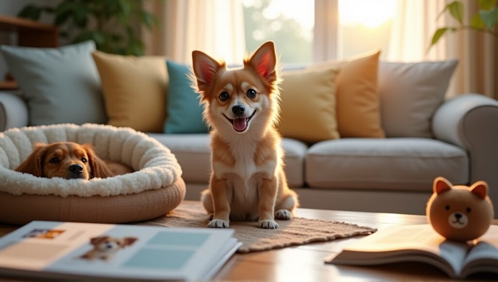 Cheerful small dog with shiny coat sitting in a cozy living room surrounded by toys.