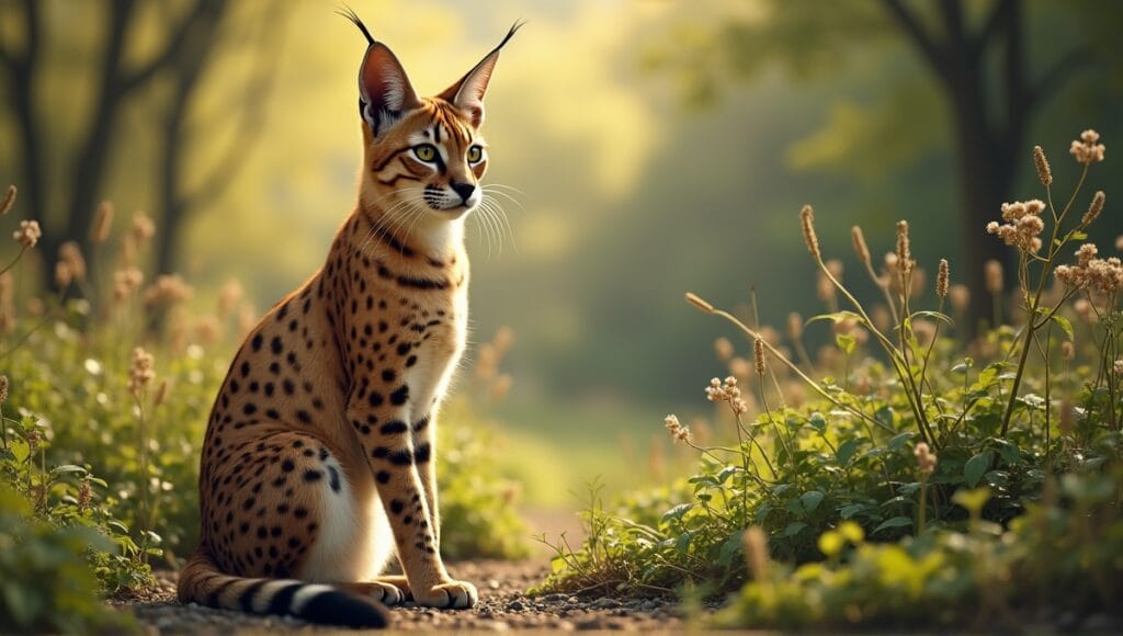 Caracal hybrid sitting in a lush landscape, showcasing unique coat patterns and expressive eyes.