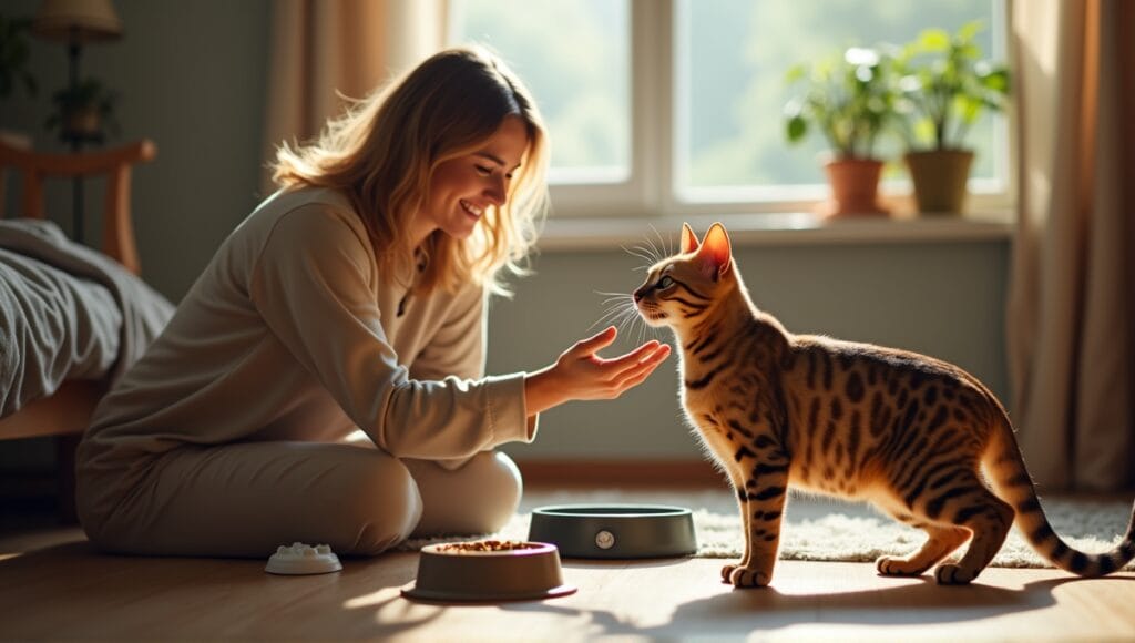 Caracal hybrid cat with tufted ears playfully interacting with its smiling owner at home.