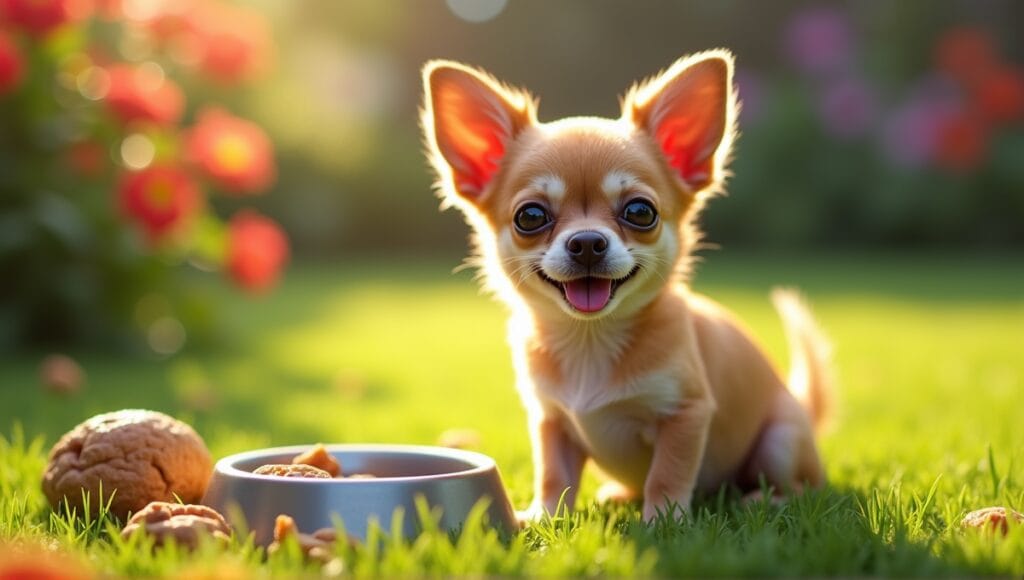 Small Chihuahua sitting on grass, surrounded by healthy treats and a water dish.