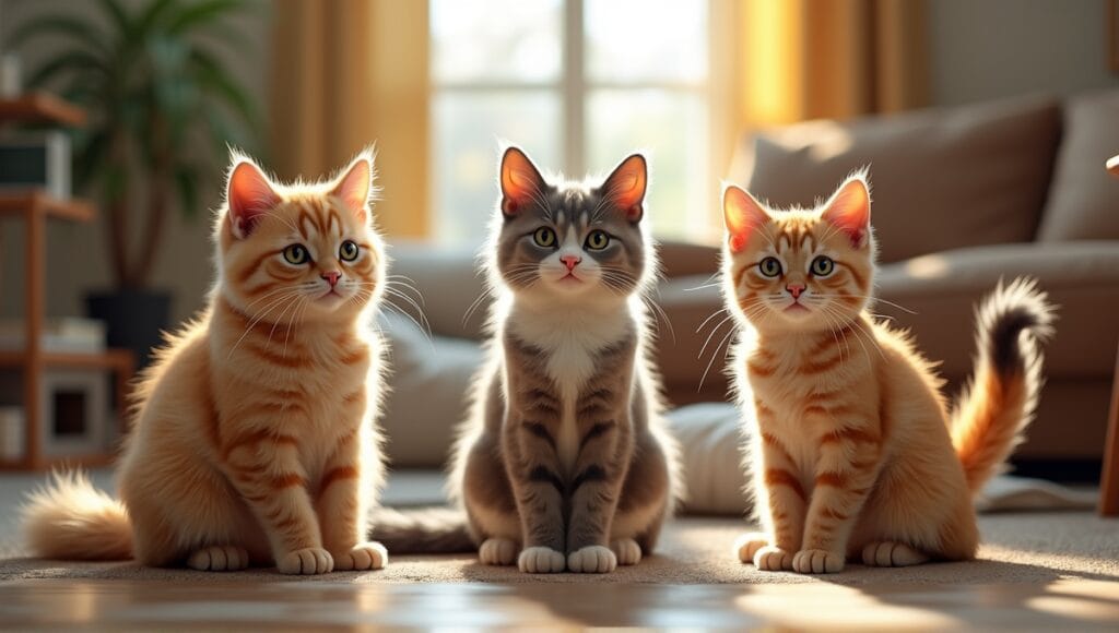 Various American cat breeds in a cozy home setting, showcasing their unique characteristics.