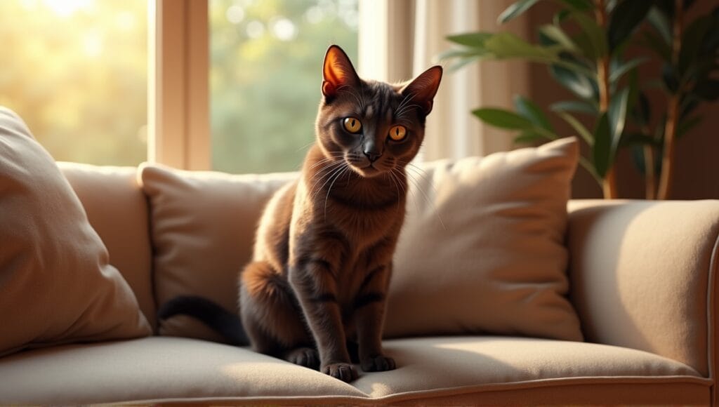Havana Brown cat with chocolate fur and amber eyes sitting on a plush couch.
