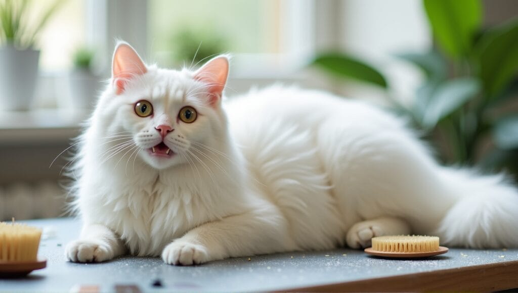 White fluffy cat lounging on grooming table with brushes and stain removal kit nearby.