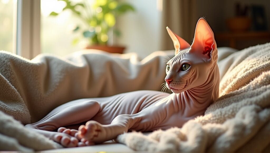 Sphynx cat lounging in a cozy living room with plush furnishings and sunlight.