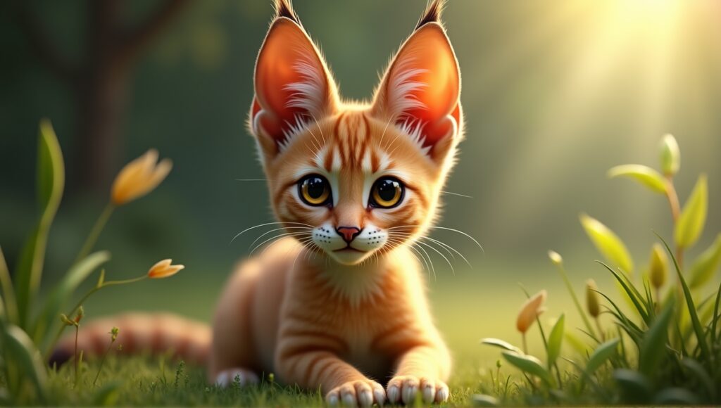 A caracal hybrid cat with large ears and amber eyes in a lush natural setting.