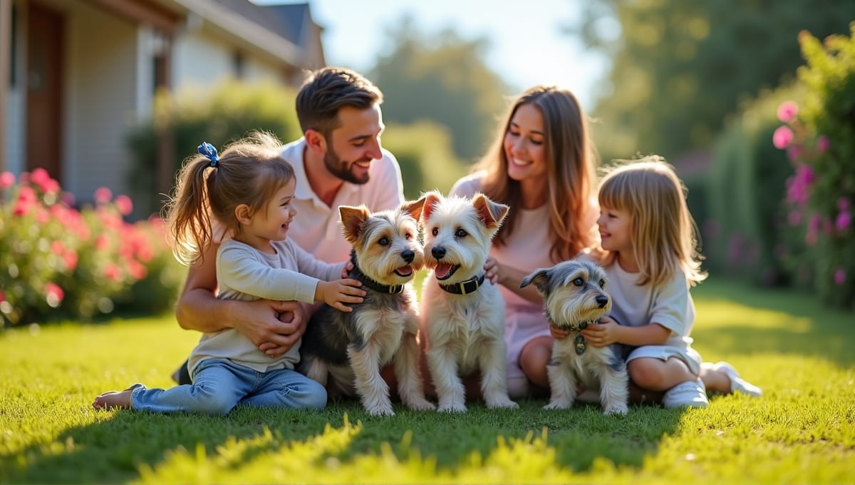 Happy family enjoying time with terrier breeds in a sunny backyard setting.