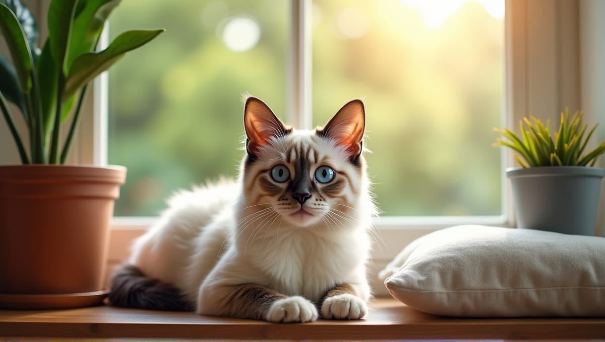 Friendly cat lounging on a sunlit windowsill with potted plants and cushions.