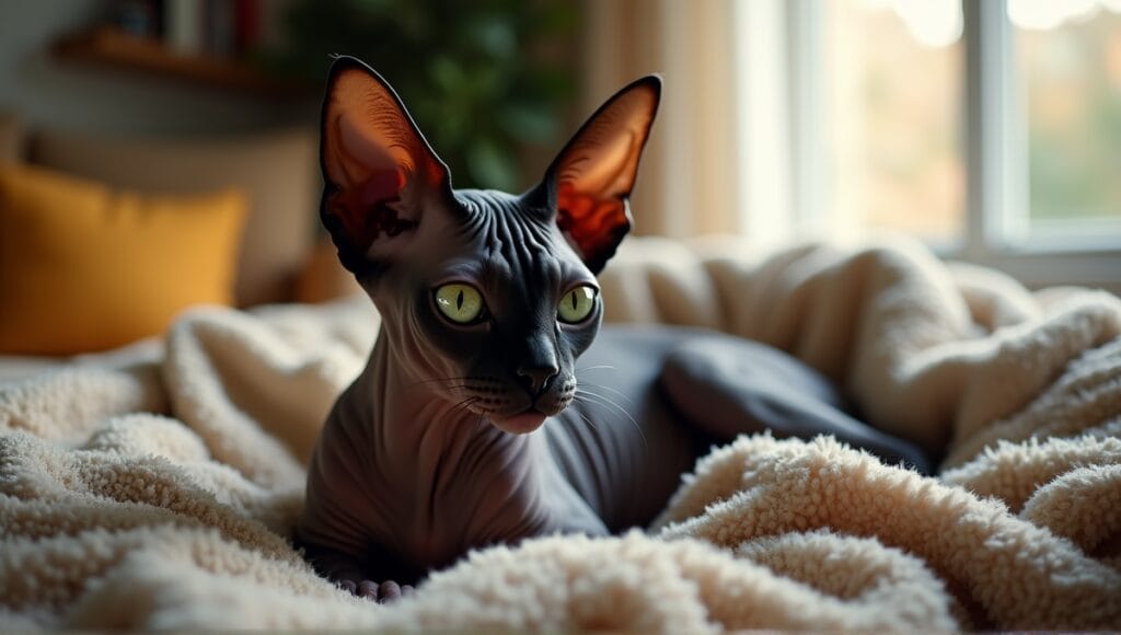 Black Sphynx cat with green eyes resting on a blanket in a cozy living room.
