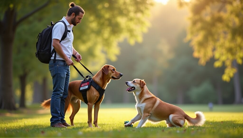 Trainer demonstrating tasks to a service dog and a companion dog in training.