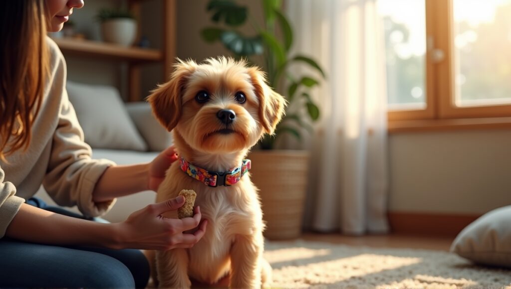 Small lap dog with shiny coat focused on trainer in cozy living room.