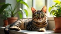 Asian tabby cat with bright green eyes lounging on a sunlit windowsill surrounded by houseplants.