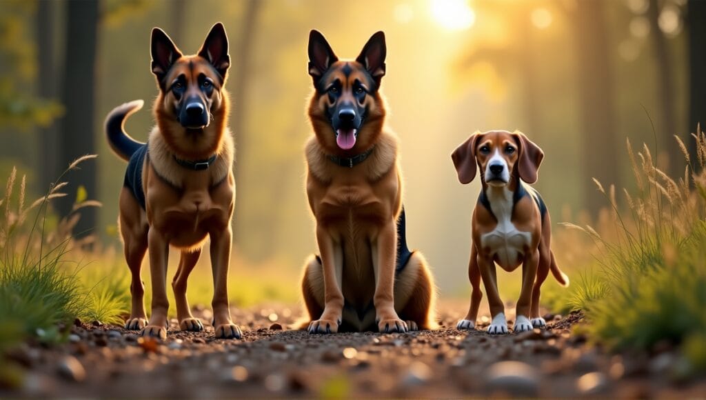 Majestic Bloodhound, German Shepherd, and Beagle on a sunlit forest trail, showcasing their unique qualities.