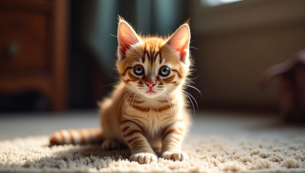 European Shorthair kitten playfully sitting on a plush rug, showcasing its charming features.