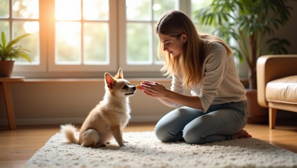 Small fluffy Chihuahua being trained by its owner in a cozy living room.