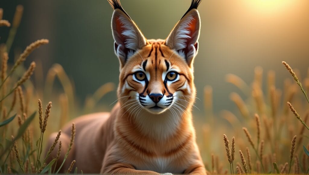 Caracal hybrid in natural setting, showcasing unique features and intricate fur details.