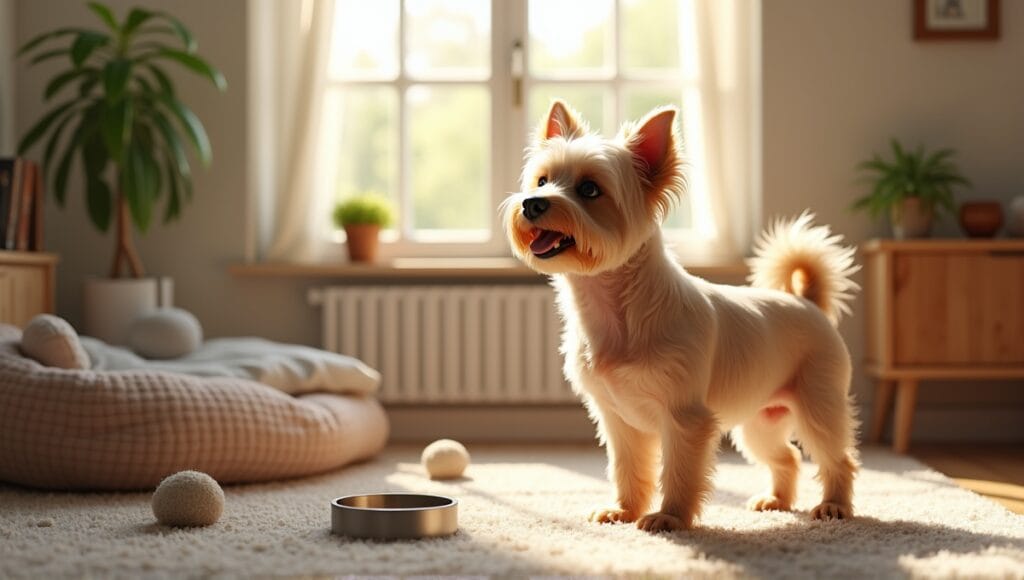 Small dog in cozy living room with dog care items, symbolizing preparation for new pet owners.