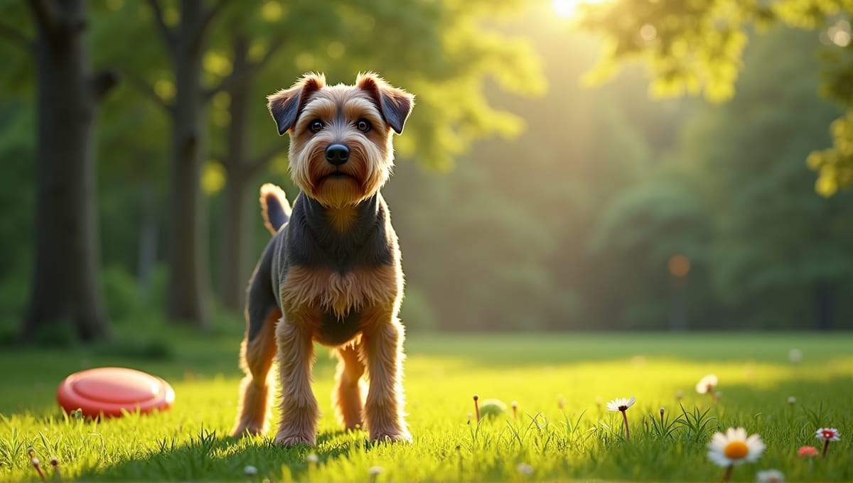 A large terrier standing proudly in a green park, playful with a glossy coat.