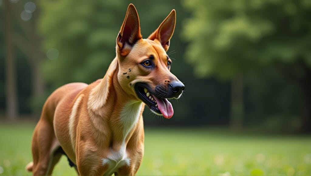 Large terrier dog with erect ears stands proudly in a lush green park.