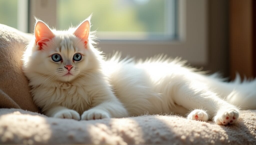 Beautiful white cat with blue eyes lounging on a cozy cushion in a sunlit room.