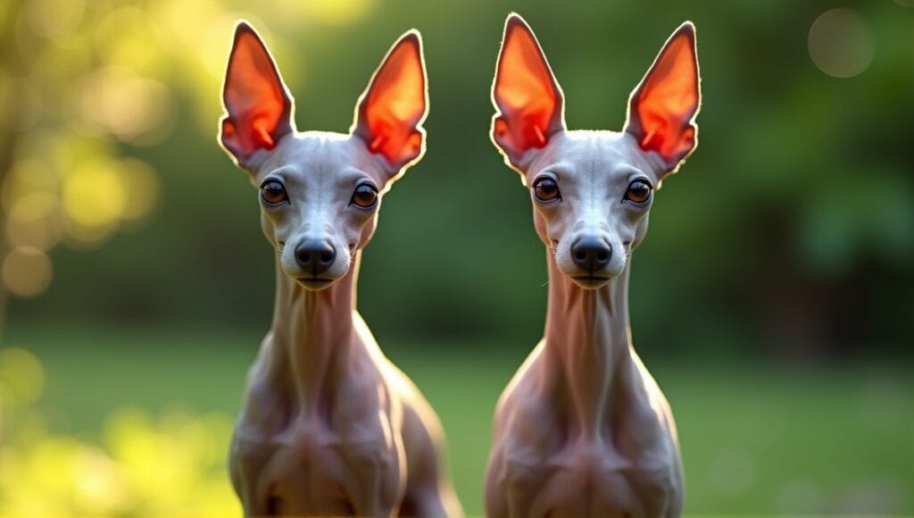 Chinese Crested and Xoloitzcuintli standing together, showcasing their hairless features in nature.