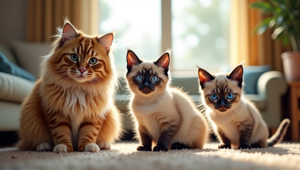 Maine Coon, Siamese, and American Shorthair cats in a cozy living room setting.