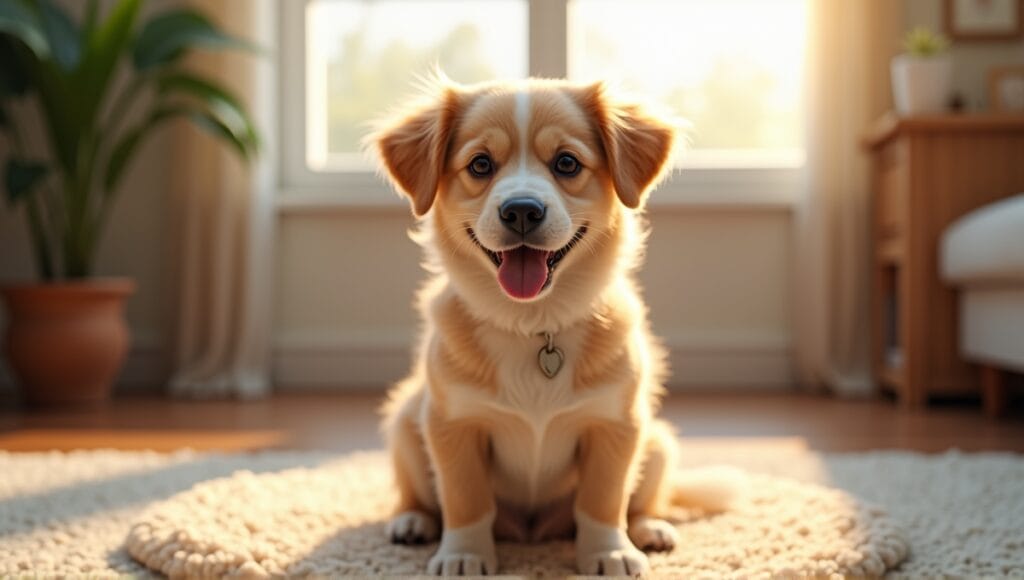 Cheerful small dog with friendly expression sitting on a cozy rug indoors.