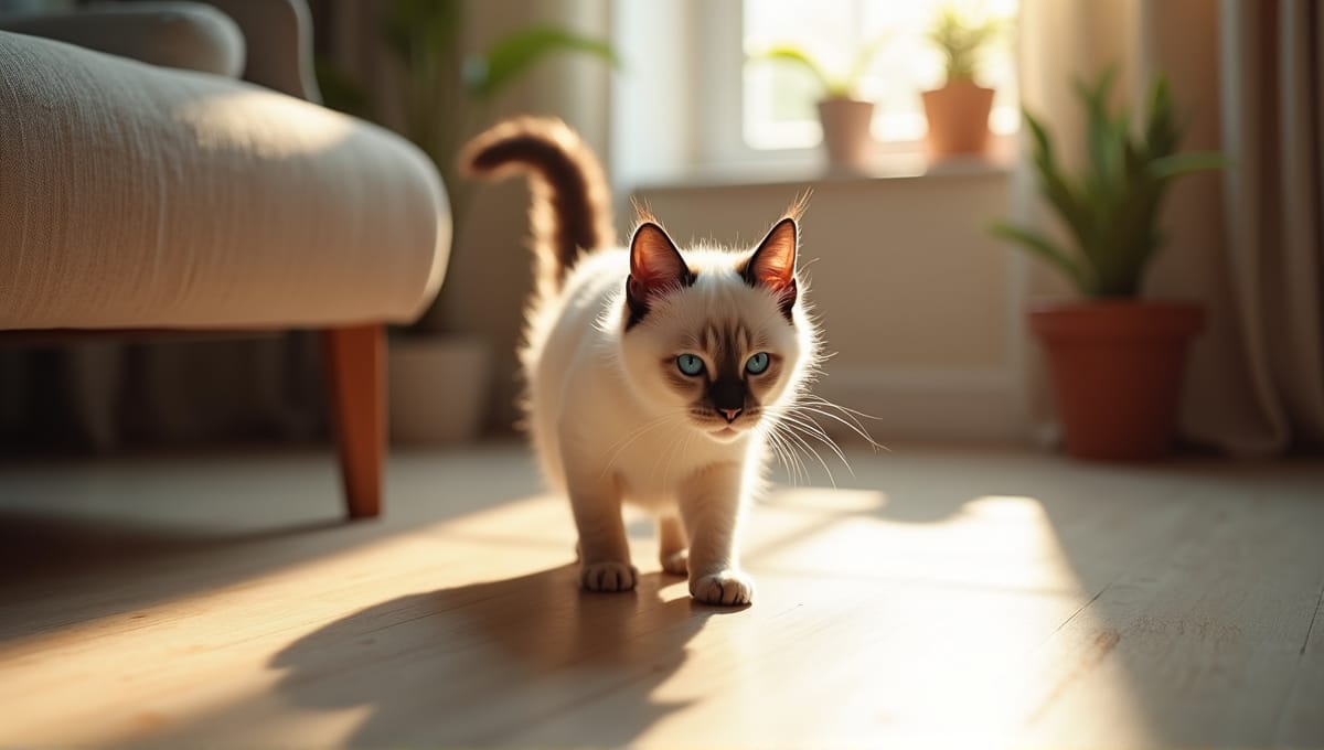 Snowshoe cat with blue eyes exploring a cozy living room with tasteful decor.