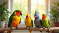 Brightly colored pet birds on a branch in a sunlit room with indoor plants.