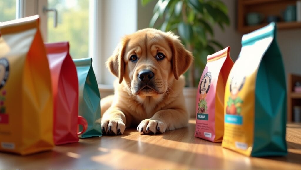 Large breed puppy curiously inspecting colorful dog food options on a wooden table.