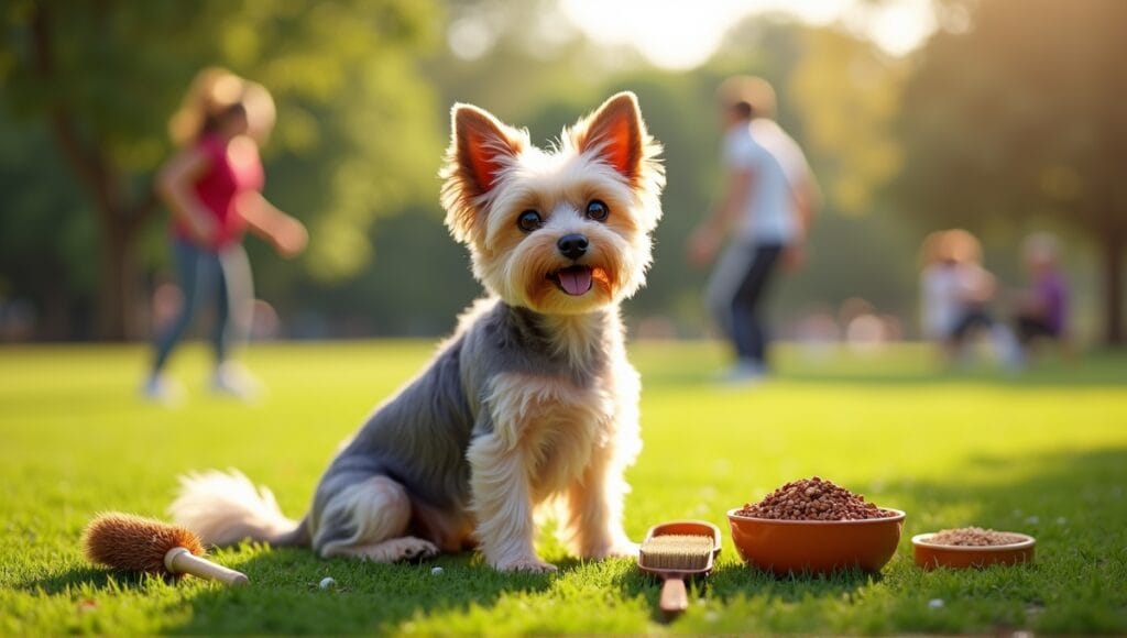 Small mixed breed dog on green lawn with grooming tools and nutritious food nearby.