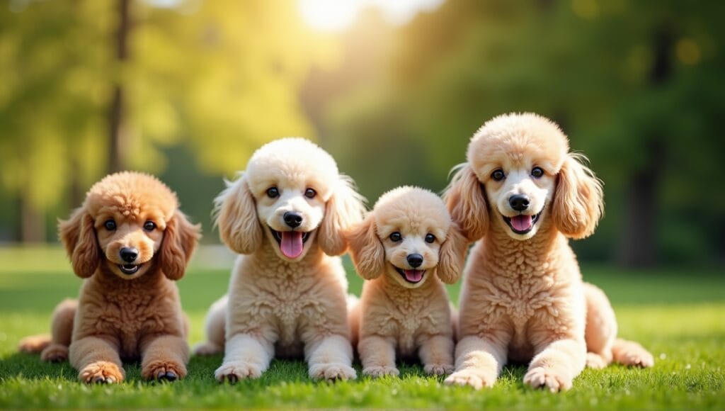 Poodles of various sizes and colors playing joyfully in a vibrant green park.