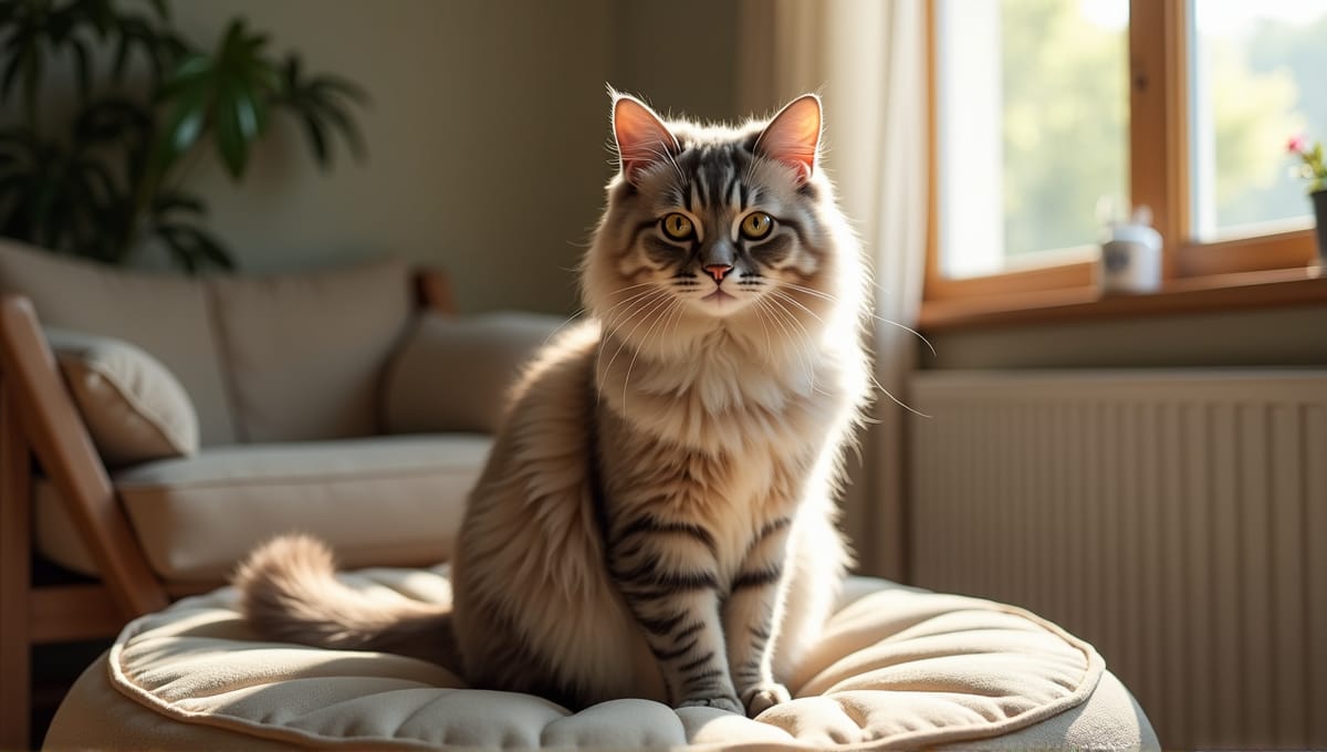 Purebred cat sitting elegantly on a plush cushion in a cozy living room.