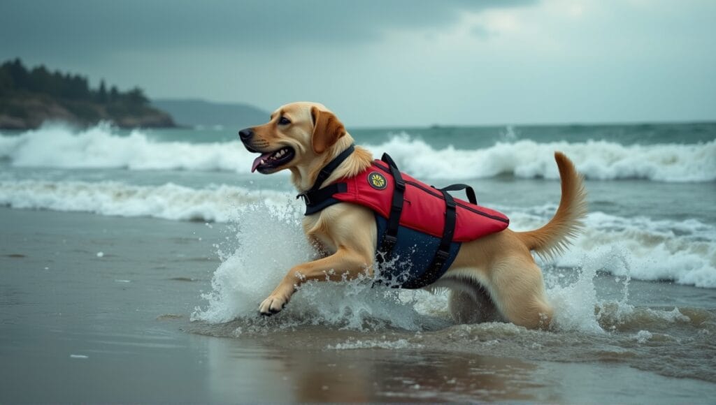 Brave Labrador Retriever in a red life vest rescuing a swimmer in turbulent waters.