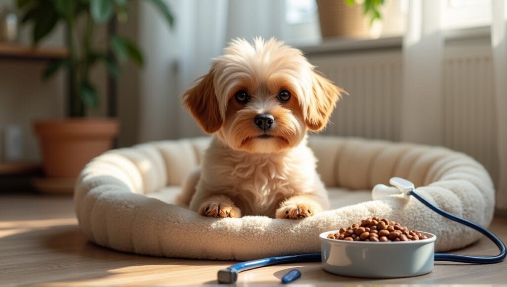 Small dog with shiny coat sitting on plush bed, surrounded by food and grooming tools.