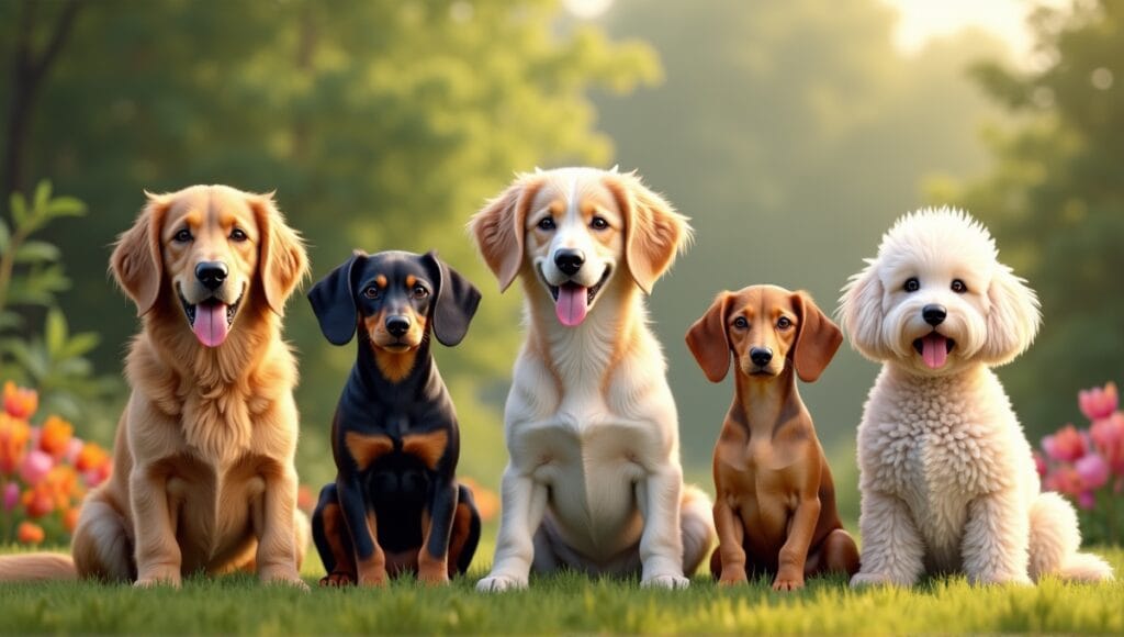 Group of ten favorite dog breeds in a lush outdoor setting, showcasing unique characteristics.