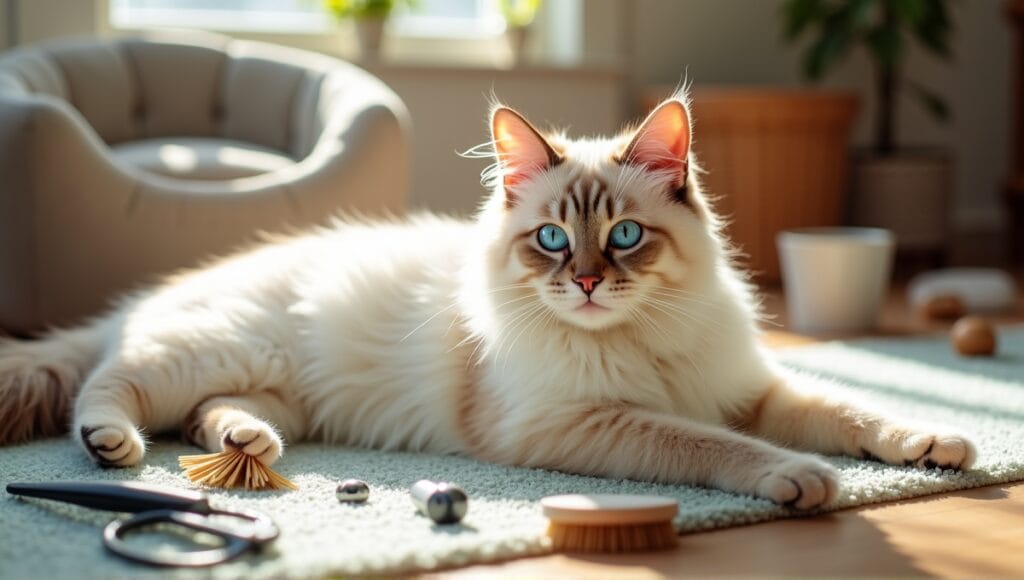 Snowshoe cat with blue eyes lounging in sunlit room surrounded by grooming tools and toys.
