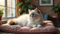 Fluffy Persian cat with blue eyes lounging on a velvet cushion in a cozy living room.