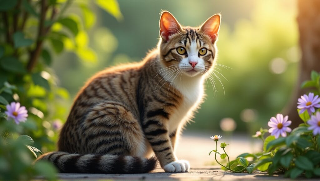Rare cat breed displaying unique markings in a serene garden surrounded by greenery.