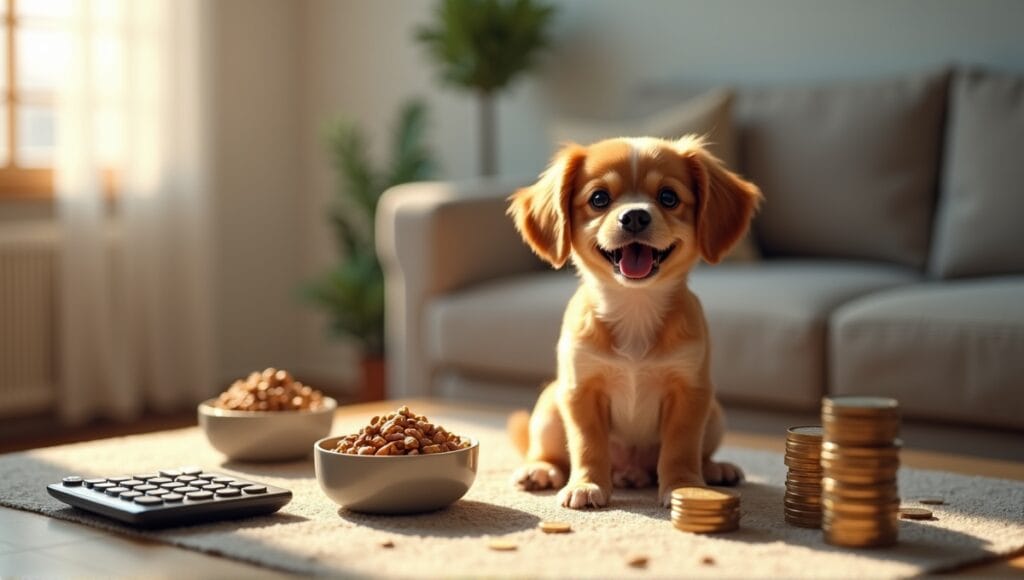 Cheerful small dog with grooming supplies and coins, highlighting financial aspects of dog ownership.