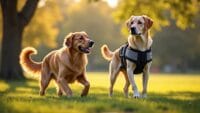 Golden Retriever and Labrador service dog play together in a sunny park.