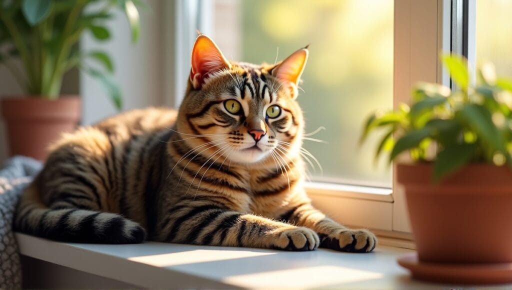 Mixed-breed Asian tabby cat lounging on a sunny windowsill surrounded by cozy decor.