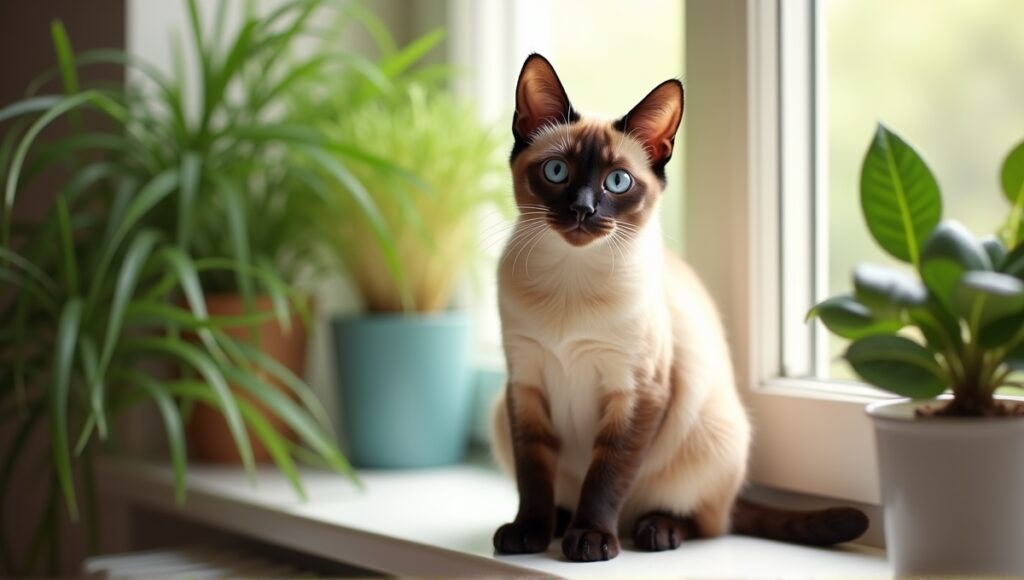 Sleek Siamese cat with blue eyes resting on a sunlit windowsill with plants.