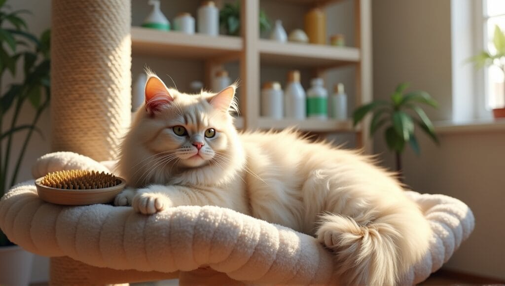 Long-haired cat lounging on a plush tree with grooming tools and premium cat food.