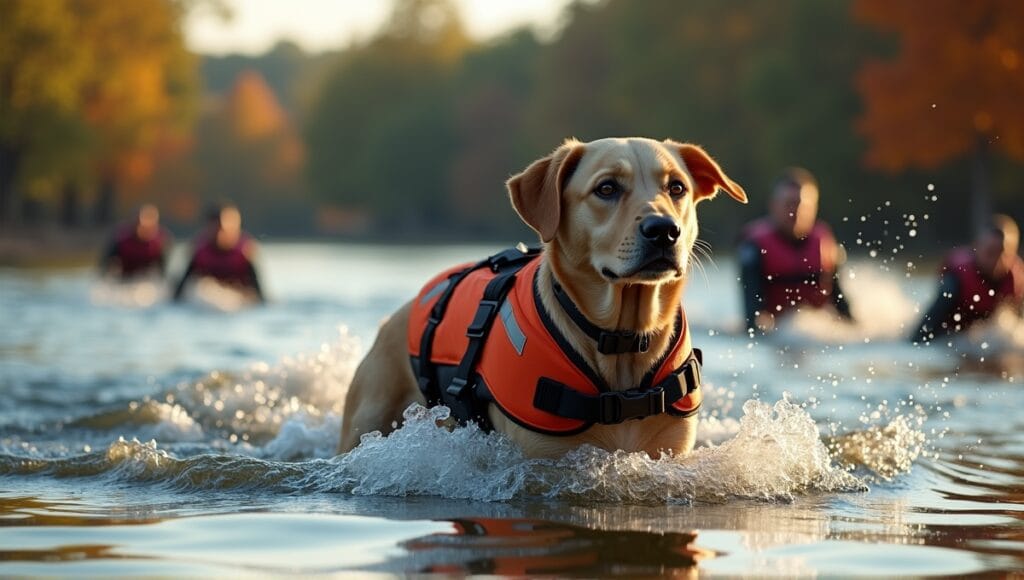 Water rescue dog in flotation vest navigates gently rippling waters with skilled trainers nearby.