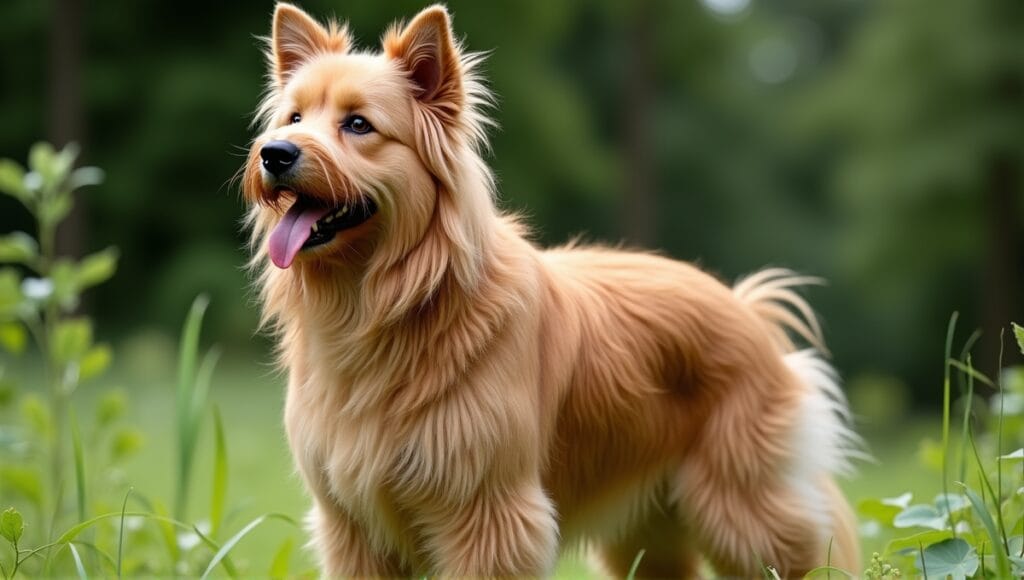 Long-haired dog with beautiful coat in lush greenery, tufts of fur blowing in the breeze.