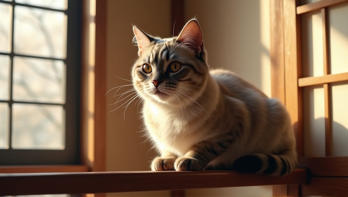 Elegant Japanese cat perched on a wooden beam, surrounded by traditional shoji screens.