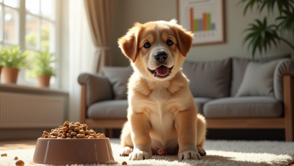 Large breed puppy sitting beside a bowl of high-quality food in a cozy living room.